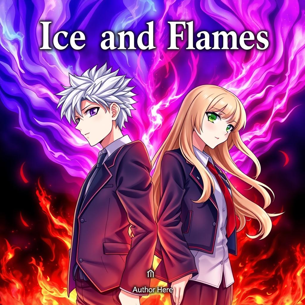 A fantasy book cover titled "Ice and Flames" featuring a teenage boy and girl standing back to back at the center