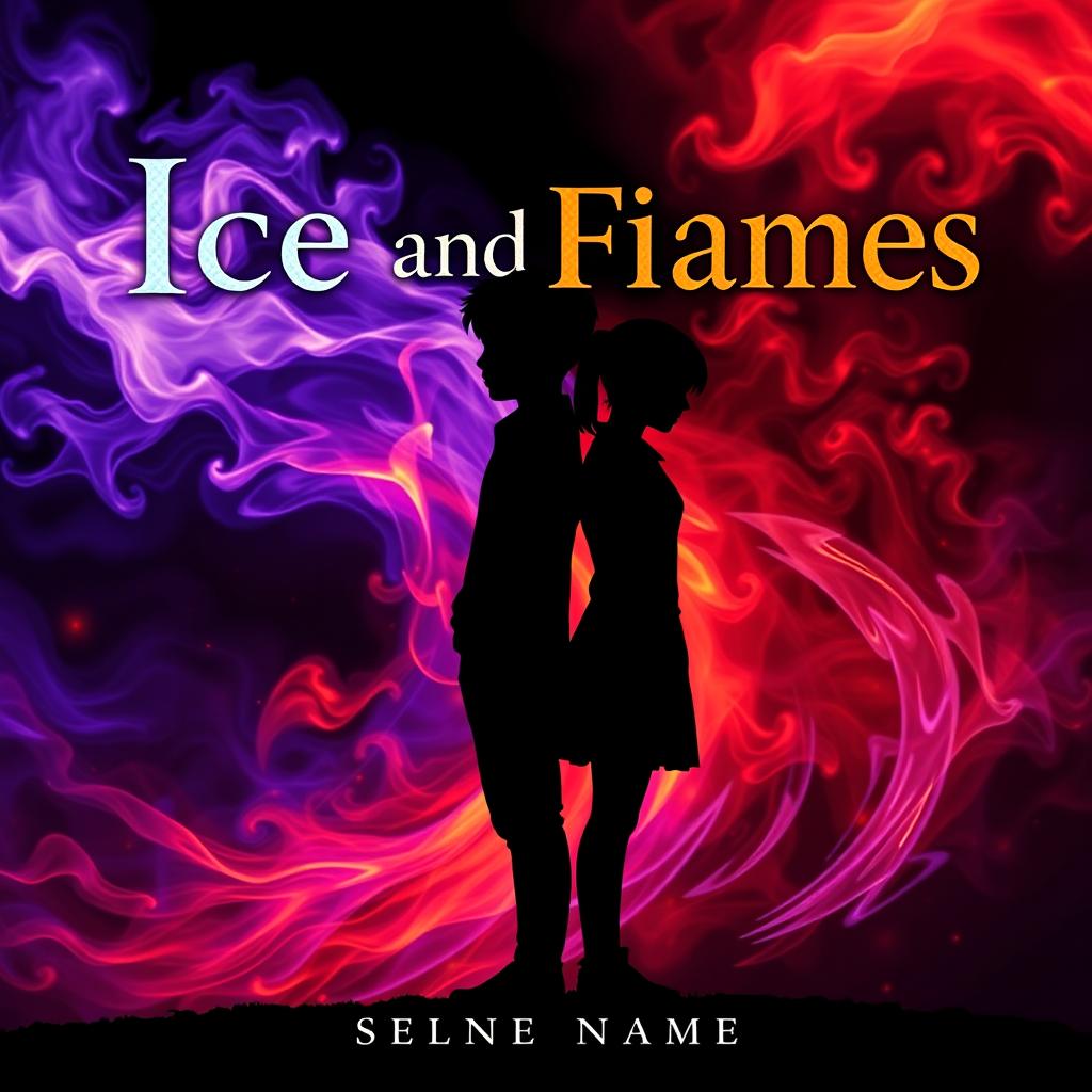 A fantasy book cover titled "Ice and Flames" featuring a striking black silhouette of a boy and girl standing back to back at the center, both facing outward