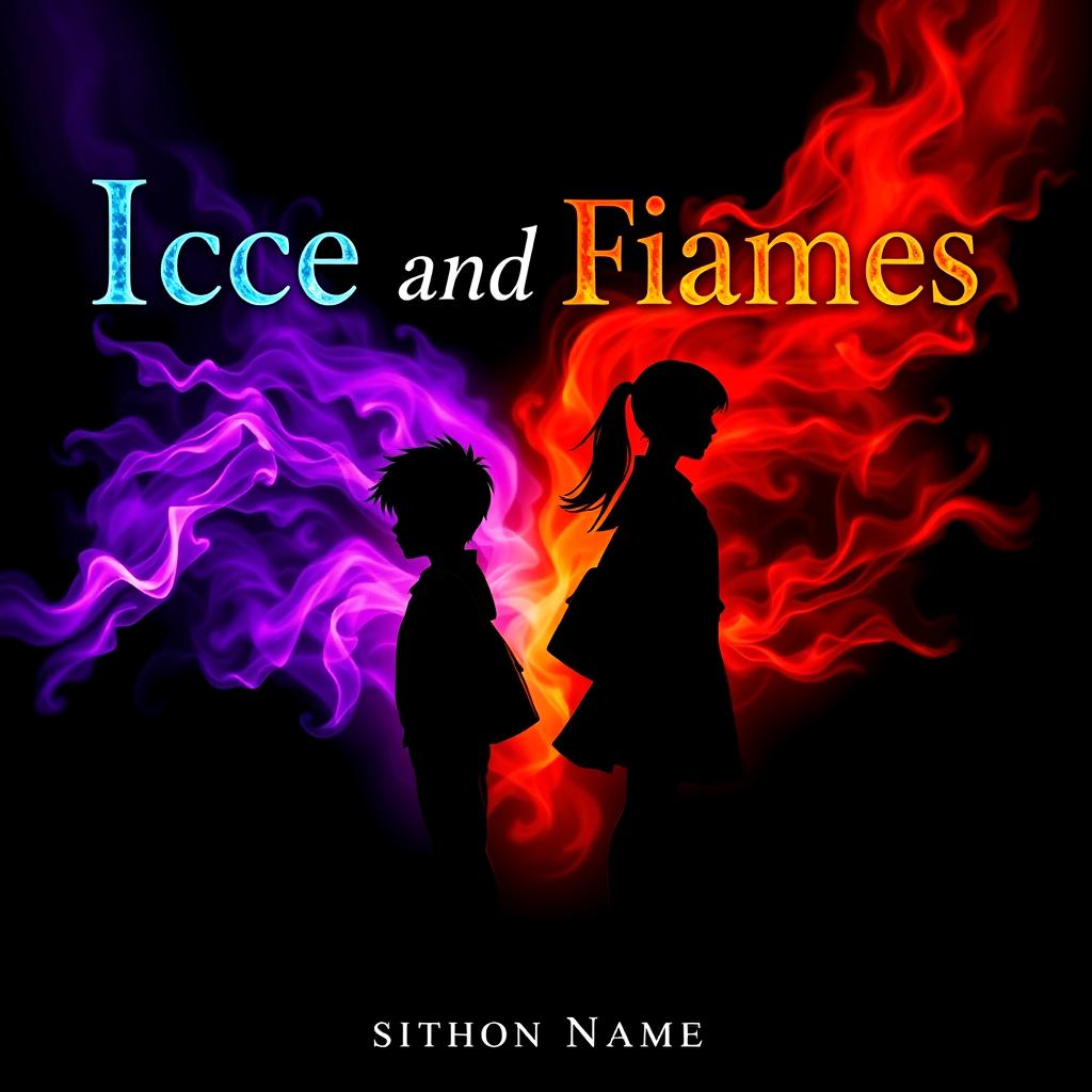 A fantasy book cover titled "Ice and Flames" featuring a striking black silhouette of a boy and girl standing back to back at the center, both facing outward