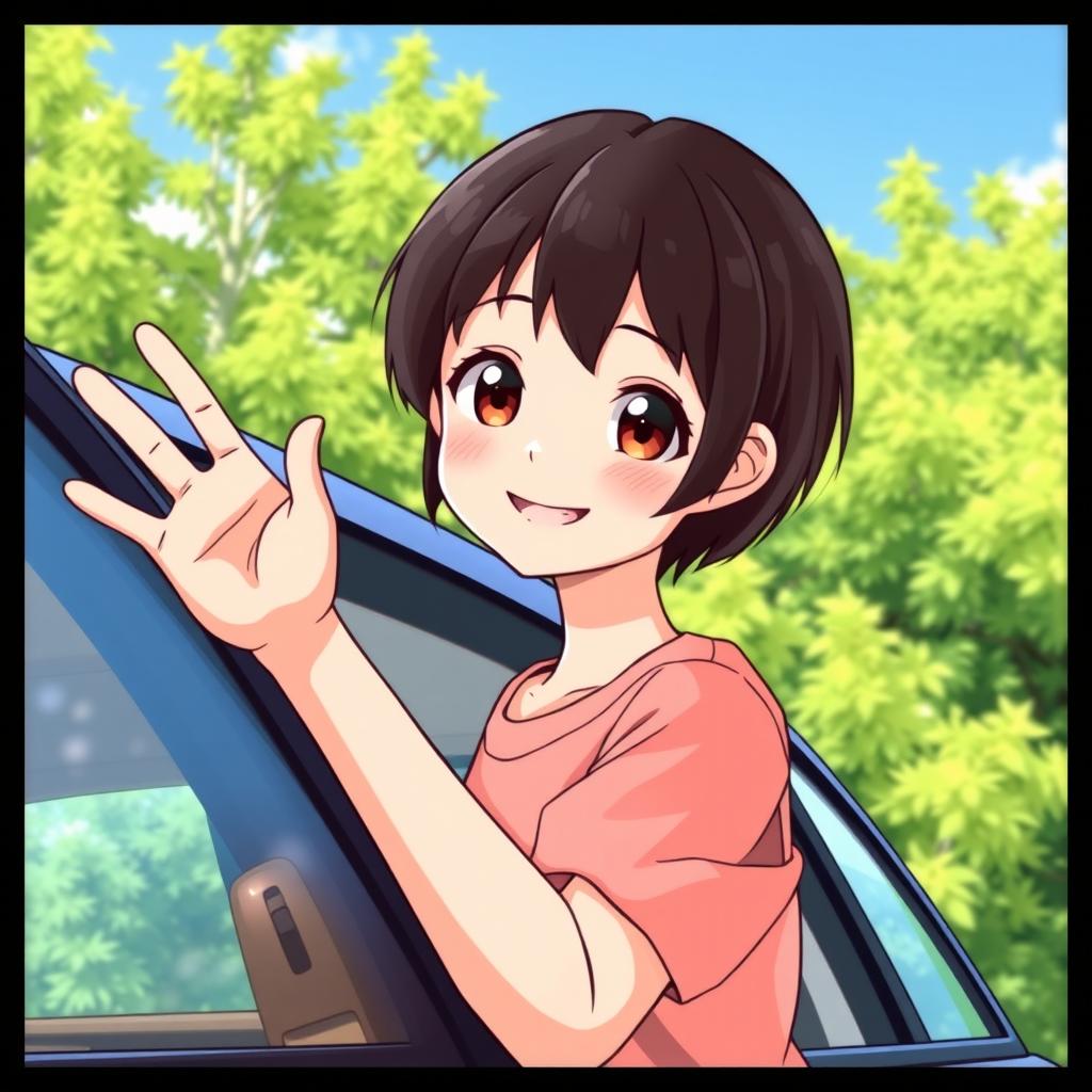 A girl standing outside a car, waving towards the viewer with a joyful smile