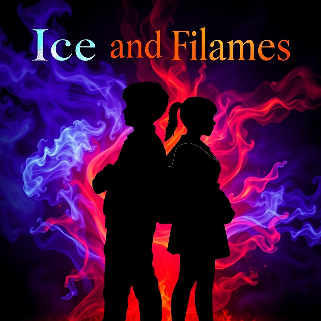 A fantasy book cover titled "Ice and Flames" featuring a striking black silhouette of a boy and girl standing back to back at the center, both facing outward