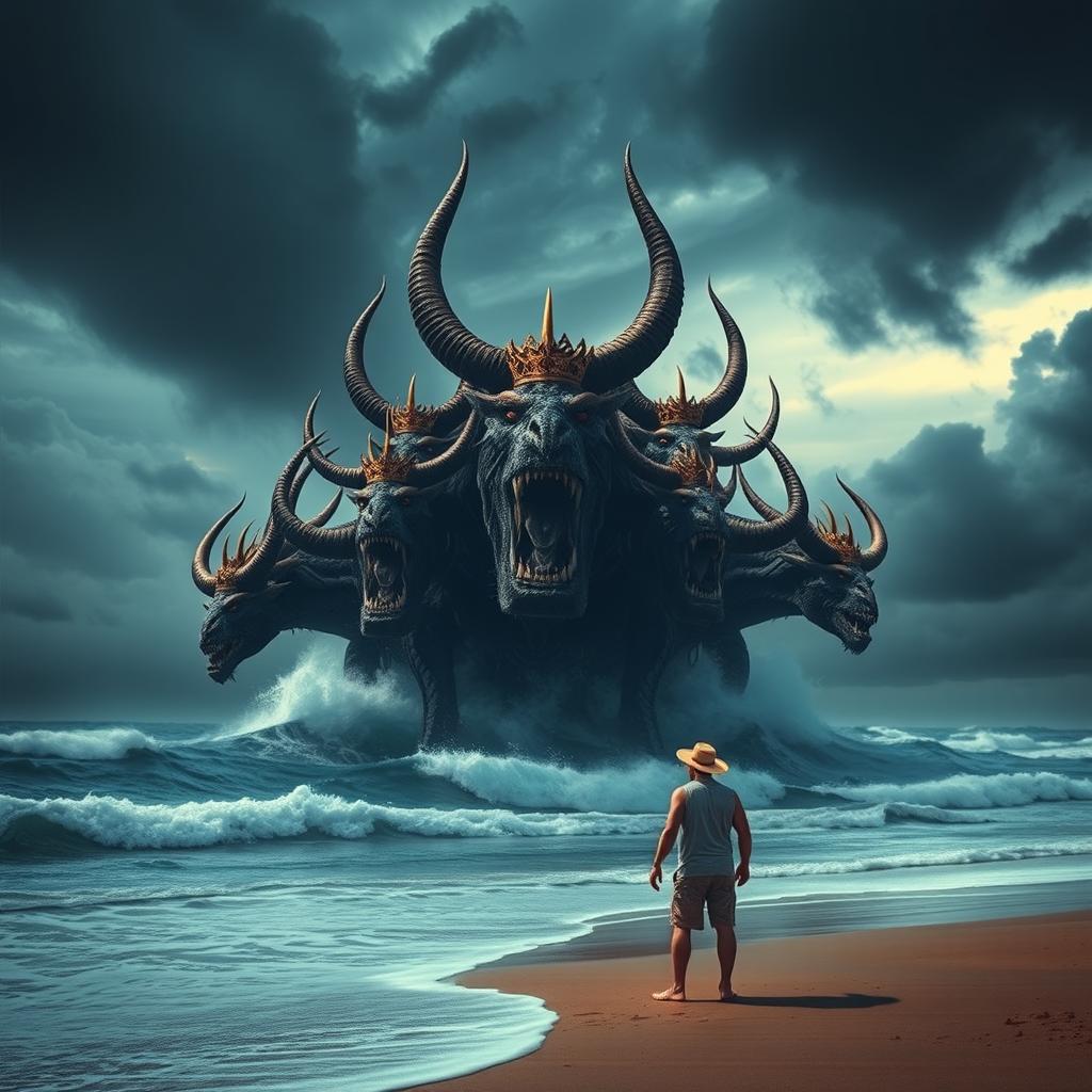 Standing on the warm sand of the seaside, I am entranced by the sight of a colossal beast rising from the turbulent waves