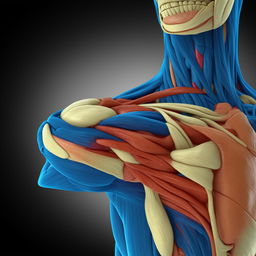 A detailed, accurate representation of the human bicep muscle anatomy highlighting the muscle fibers, tendons, and the attachment to the bones in a medical context.