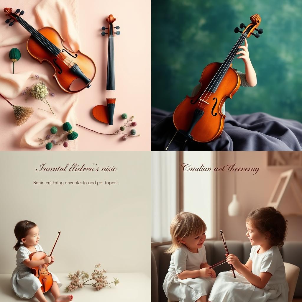 An elegant Instagram aesthetic for a premium children's music academy, featuring elements of music education, specifically violin and viola