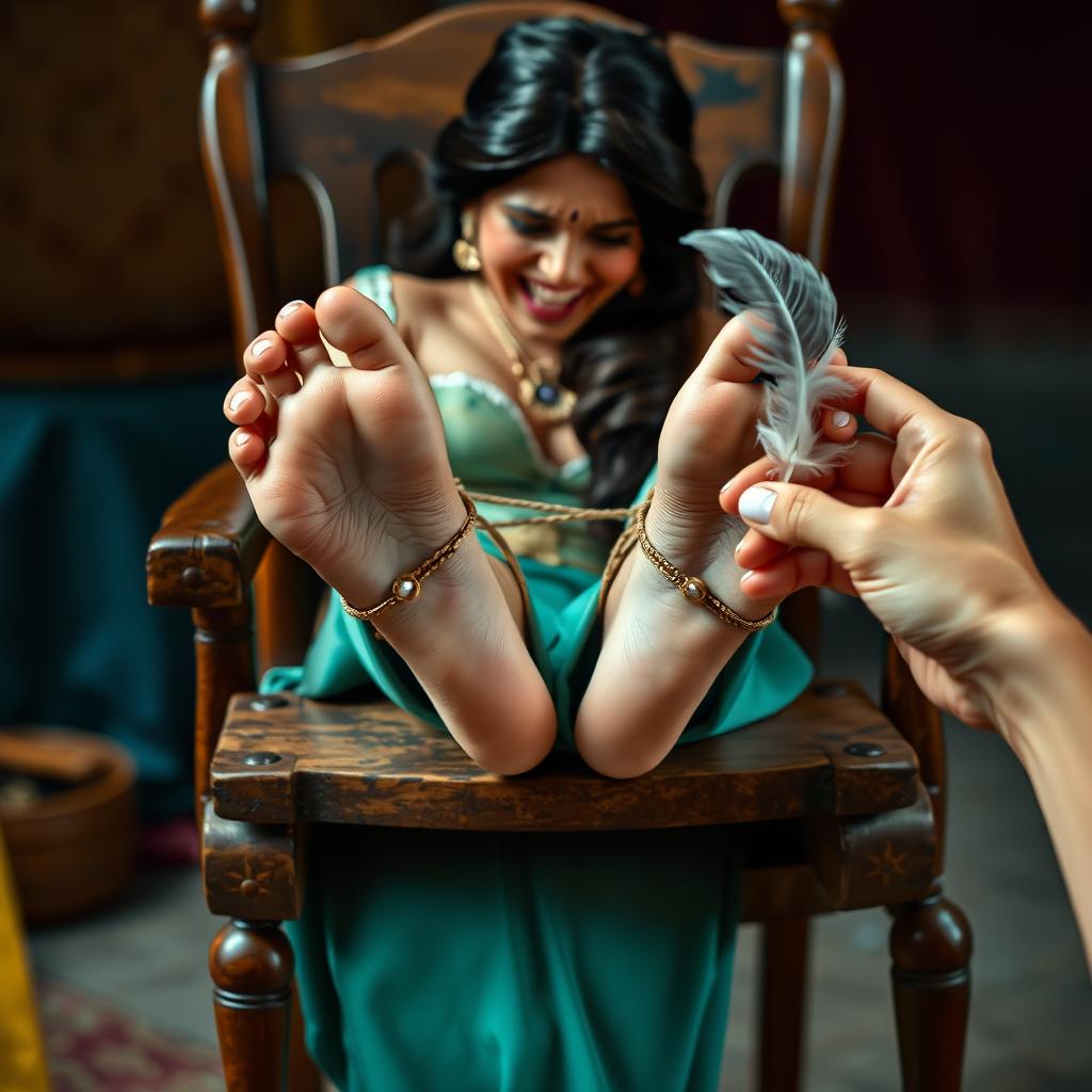 A woman named Jasmine is bound to a wooden chair, her bare feet extended and tied together with ropes secured to a short wooden table, leaving her unable to move