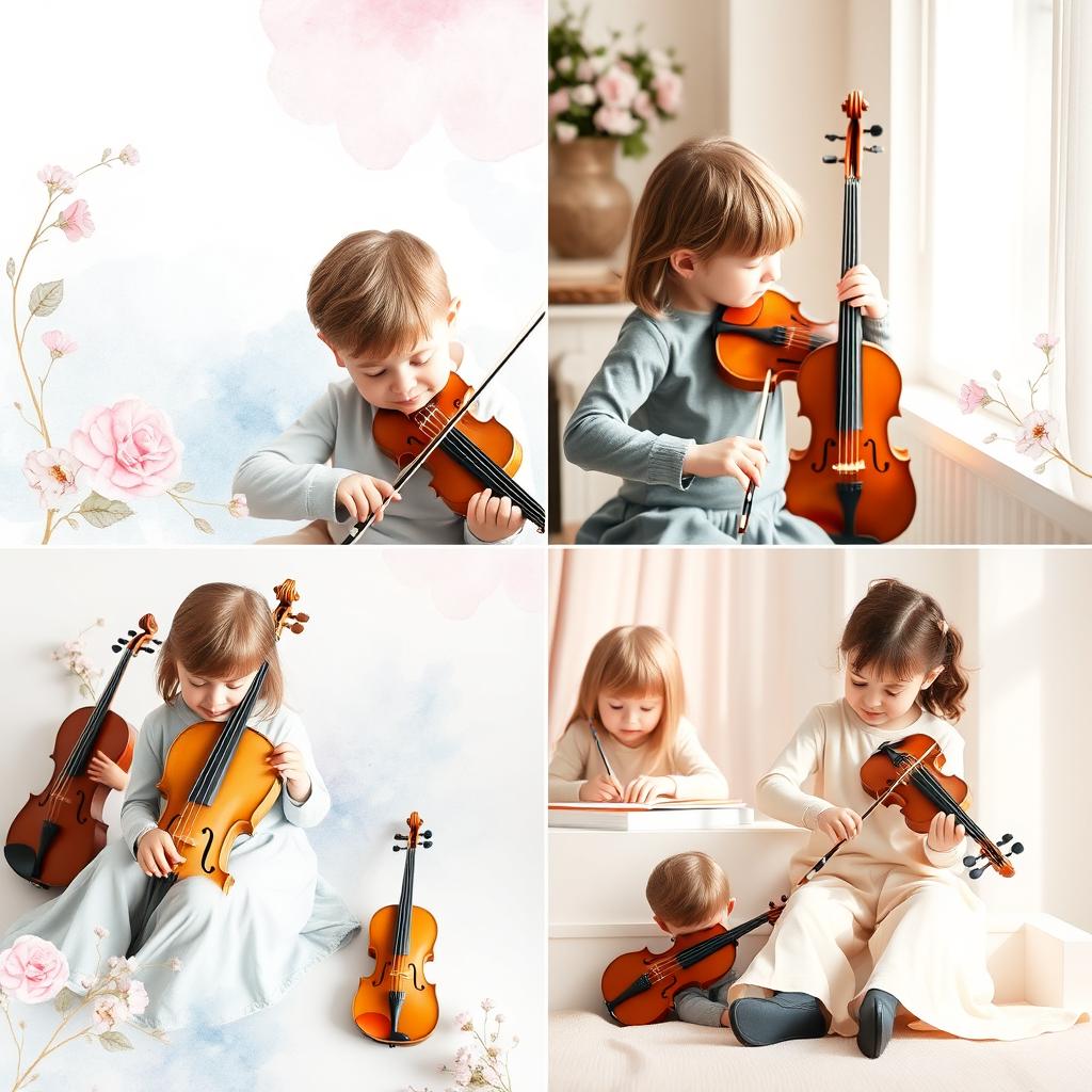 An elegant and luxurious Instagram aesthetic for a music academy focused on children's music, violin, viola, and art therapy