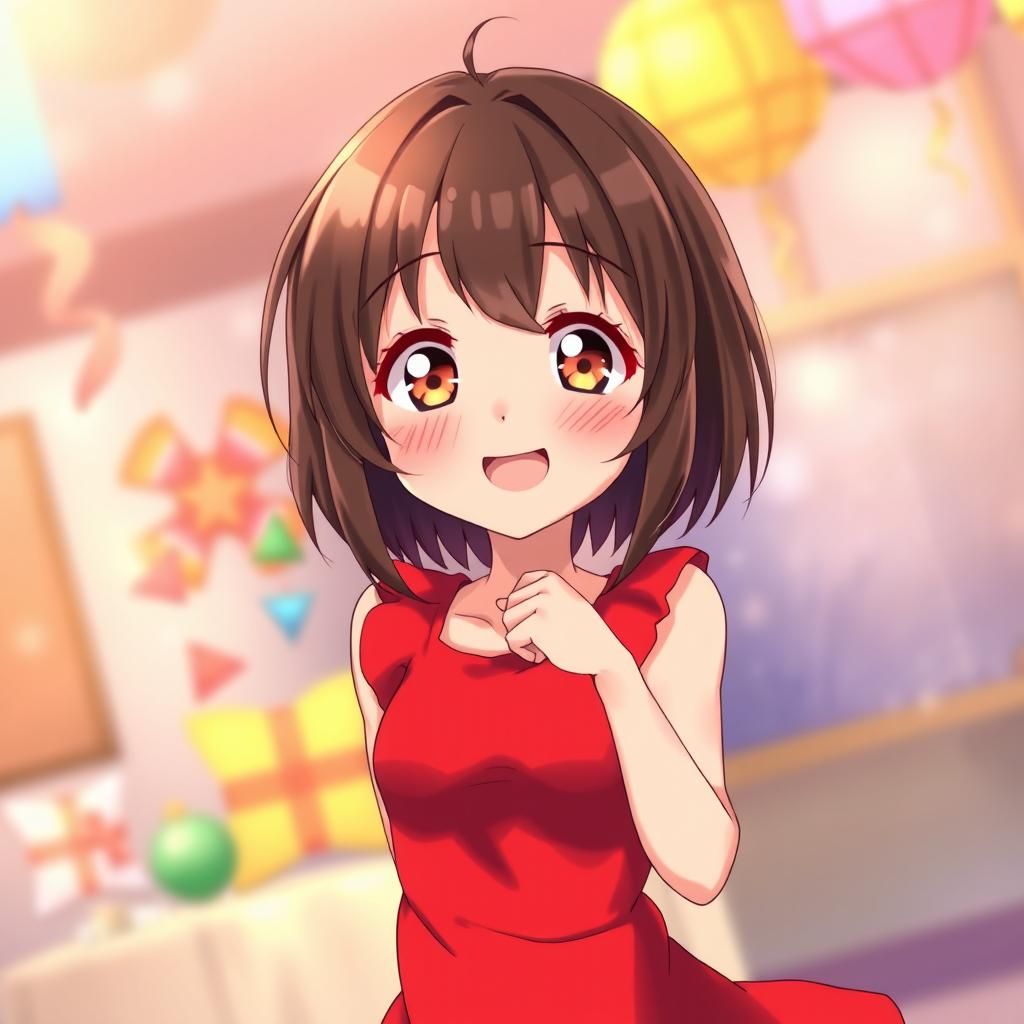 An adorable character with short dark brown hair and light brown eyes, smiling brightly
