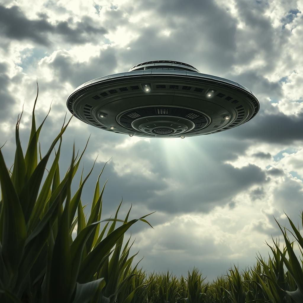 A stunning raw photograph of a UFO hovering above a cornfield, showcasing a bright, metallic spacecraft with intricate designs and glowing lights