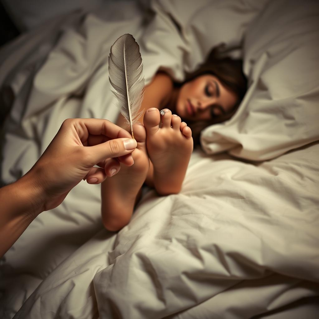A woman lies peacefully asleep on her stomach in a cozy bed, her bare feet extending from under the soft sheets, with her relaxed soles fully visible