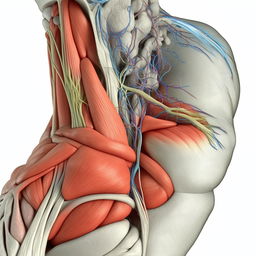 A detailed biomedical illustration of the human arm anatomy, showcasing muscles, bones, veins and nerves in a layered perspective view.