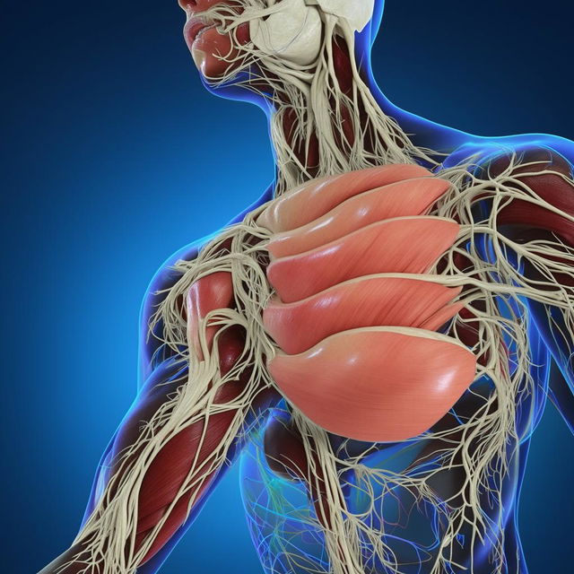 A detailed biomedical illustration of the human arm anatomy, showcasing muscles, bones, veins and nerves in a layered perspective view.