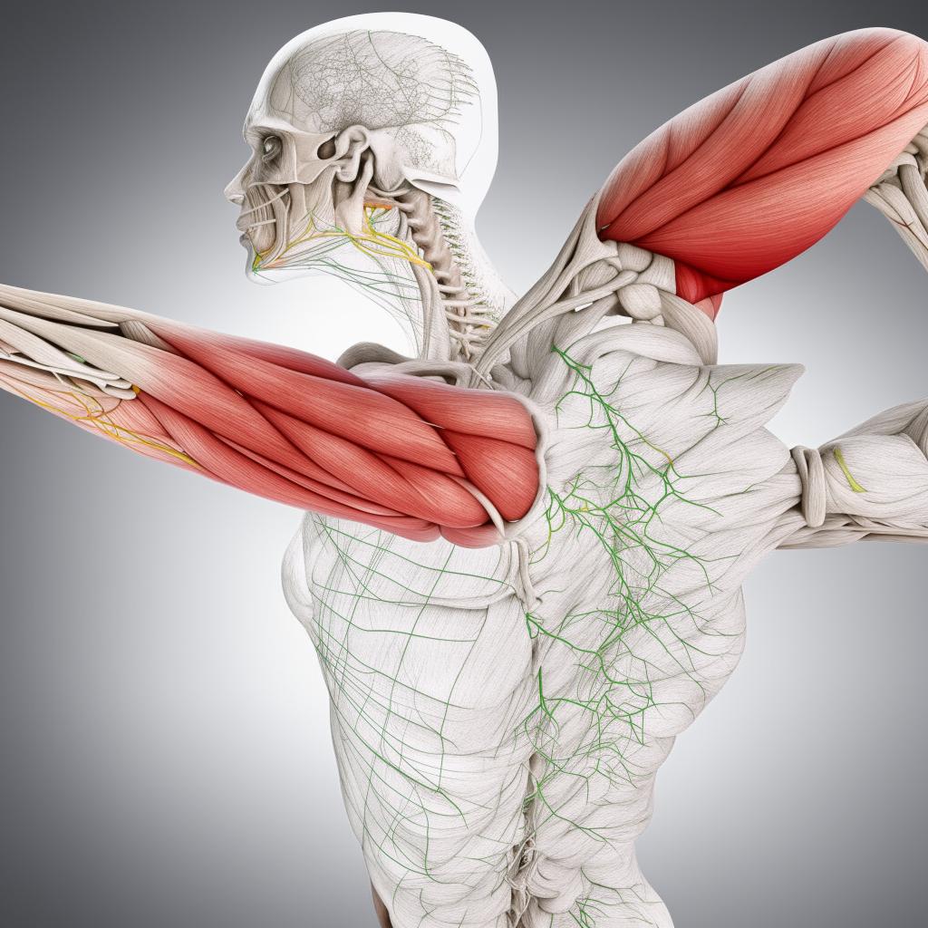 A detailed biomedical illustration of the human arm anatomy, showcasing muscles, bones, veins and nerves in a layered perspective view.