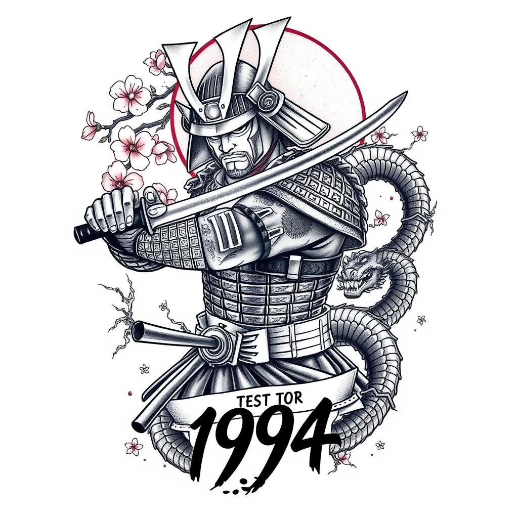 A striking samurai tattoo design featuring a warrior in traditional armor, poised in a dynamic fighting stance with a katana drawn