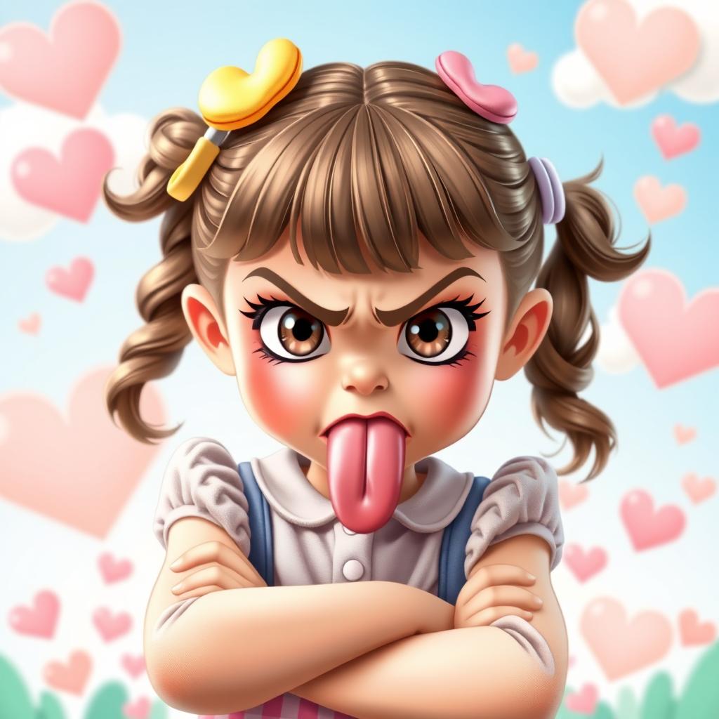 A cute girl with an angry expression, featuring her tongue playfully sticking out, her arms crossed defiantly