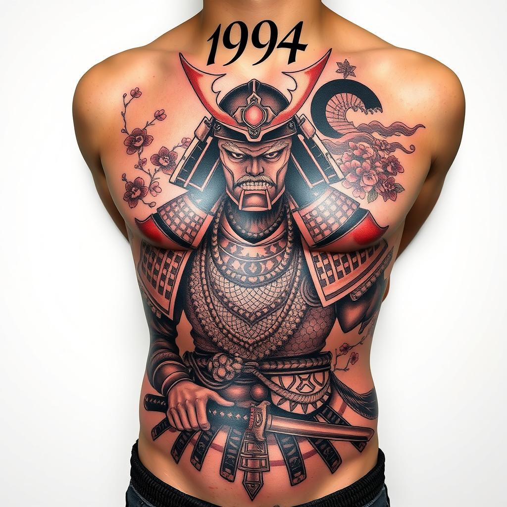A detailed and striking samurai torso tattoo design featuring an intricately styled samurai warrior, showcasing traditional armor and a katana