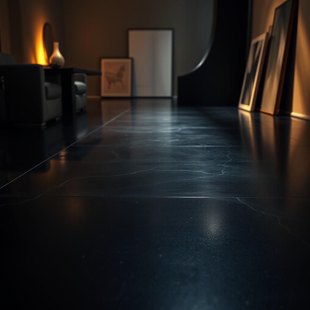 A captivating scene featuring a dark, sleek floor that reflects subtle glimmers of light, creating an intriguing contrast with the surrounding ambiance