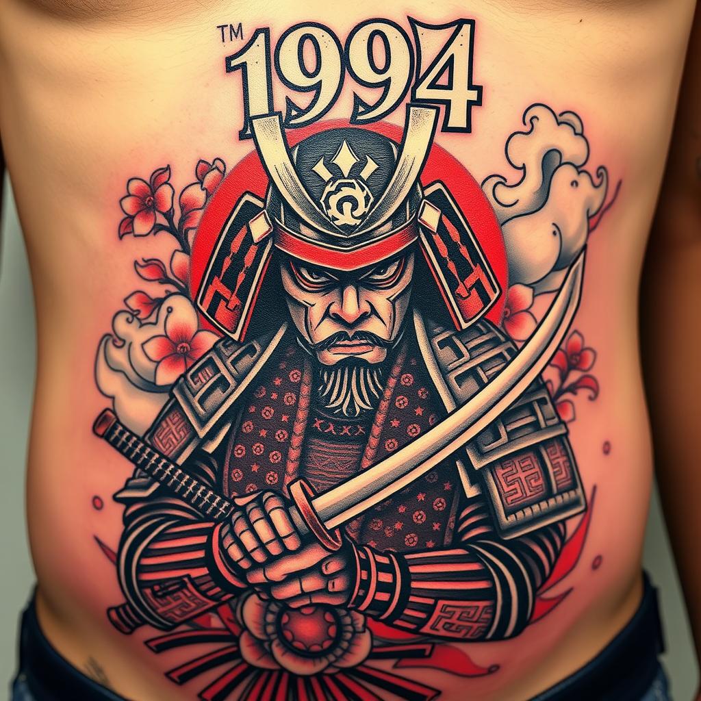 A detailed and artistic samurai stomach tattoo design featuring a fierce samurai in traditional armor, holding a katana