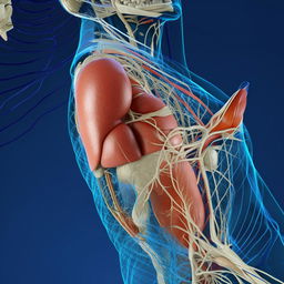 A detailed biomedical illustration of the human arm anatomy, showcasing muscles, bones, veins and nerves in a layered perspective view.