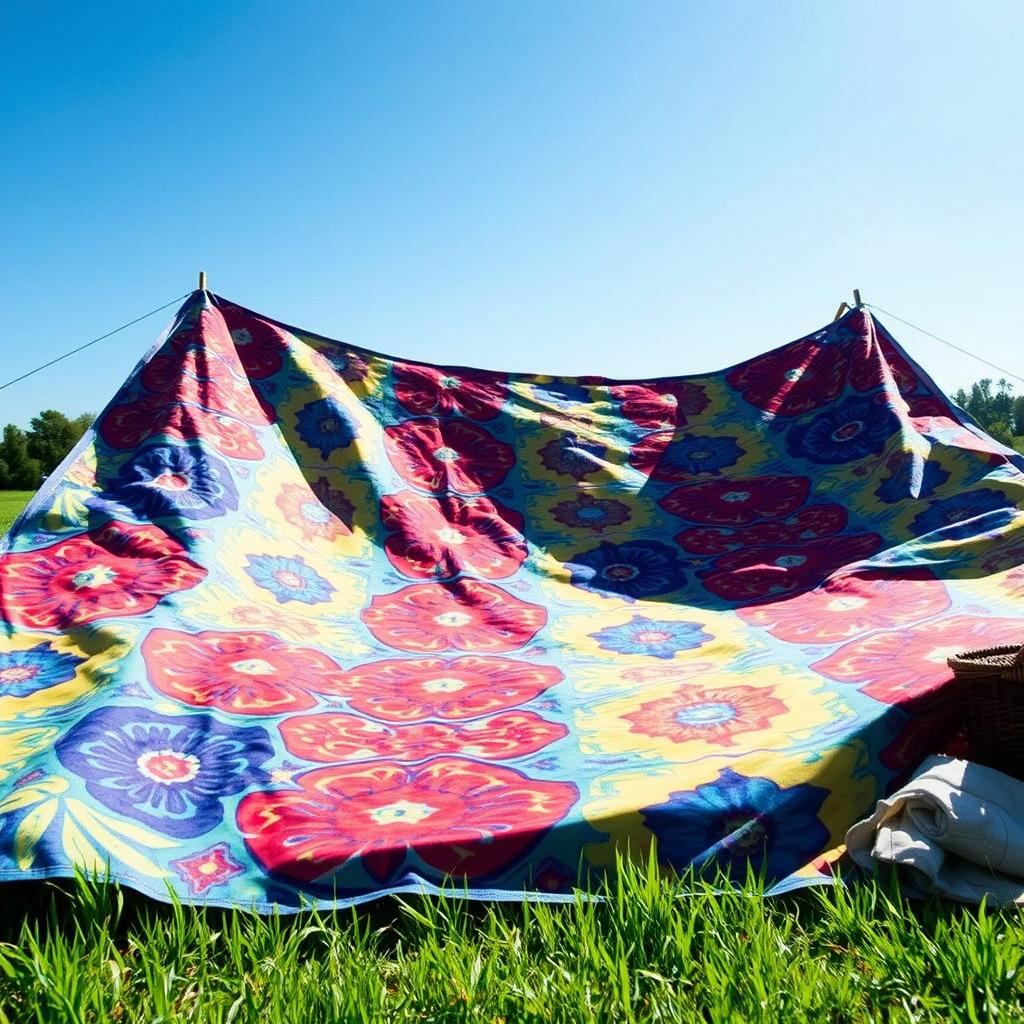 A detailed image of a large, colorful tarpaulin spread out in an outdoor setting, featuring a vibrant pattern with bold colors like blue, red, and yellow