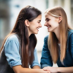 Two working colleagues, secret lovers, gazing at each other affectionately. One with deep brunette and the other with blonde, both with long hair and approximately 22 years old. They hold hands, look deeply into each other's eyes and smile.