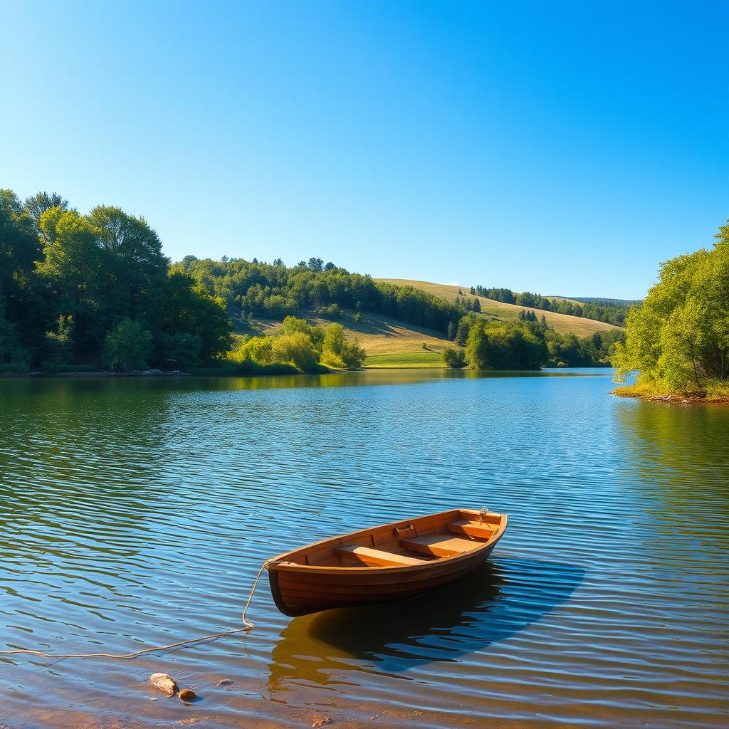 A serene landscape featuring a tranquil lake surrounded by lush green trees under a clear blue sky