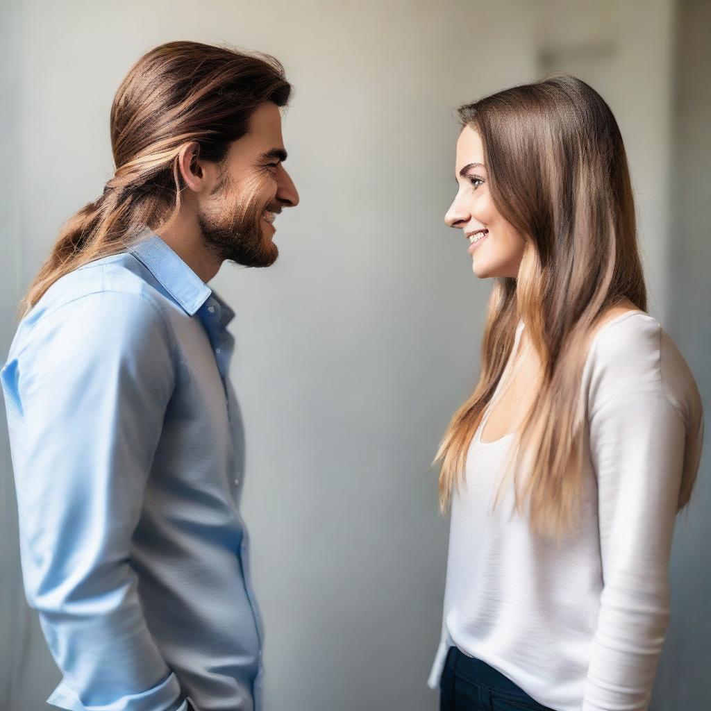 Two working colleagues, secret lovers, gazing at each other affectionately. One with deep brunette and the other with blonde, both with long hair and approximately 22 years old. They hold hands, look deeply into each other's eyes and smile.