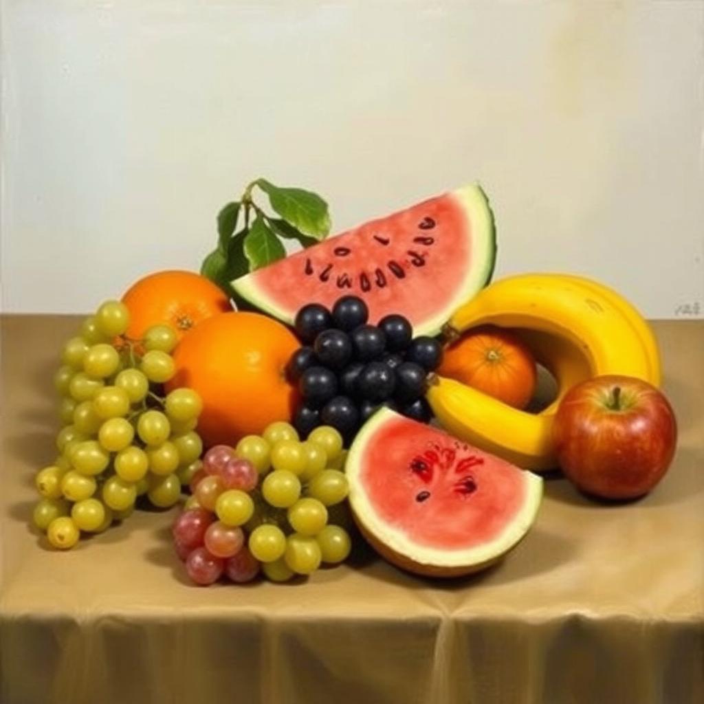 A still life composition inspired by Paul Cézanne featuring a simple yet beautiful arrangement of fruits on a table