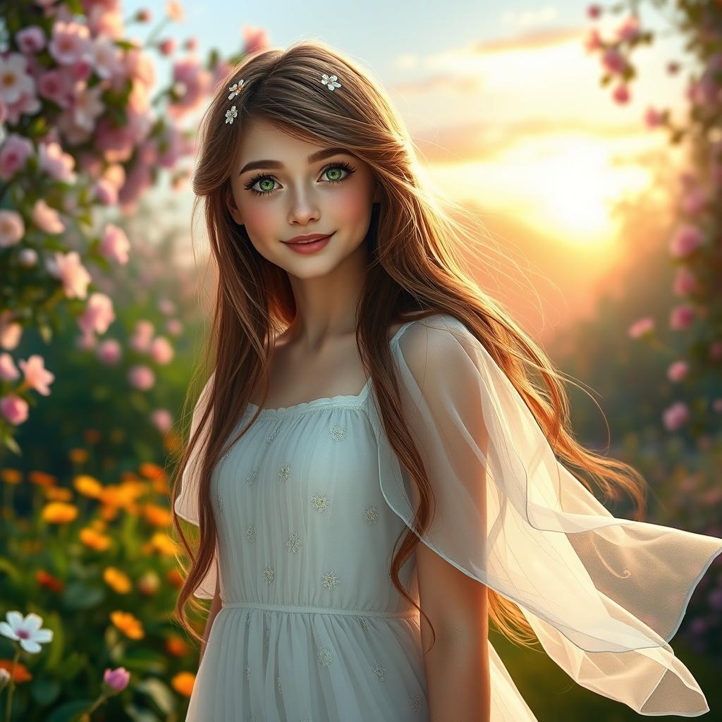 A dazzling young woman standing in an enchanting garden