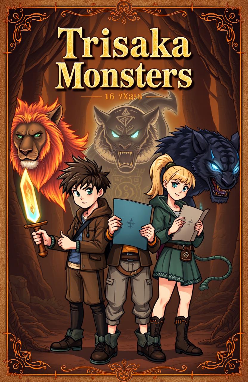 A vintage-style fantasy book cover illustration featuring three teenage monster hunters in cartoon style