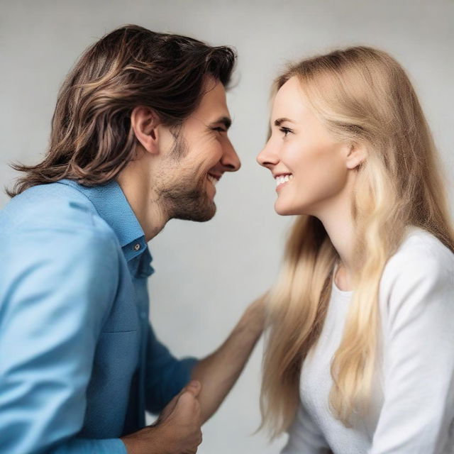 Two working colleagues, secret lovers, gazing at each other affectionately. One with deep brunette and the other with blonde, both with long hair and approximately 22 years old. They hold hands, look deeply into each other's eyes and smile.