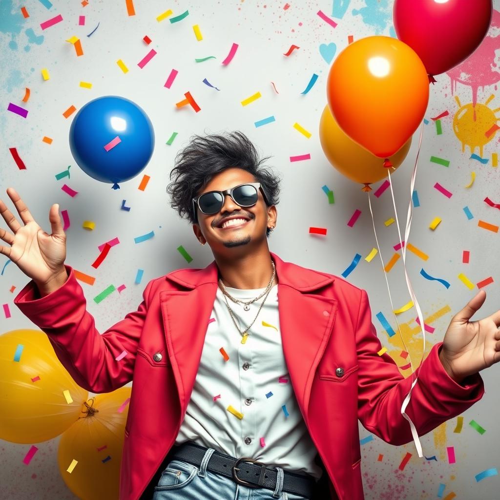 An artistic depiction of a confident individual celebrating themselves, joyfully surrounded by colorful confetti and balloons, with a big smile on their face