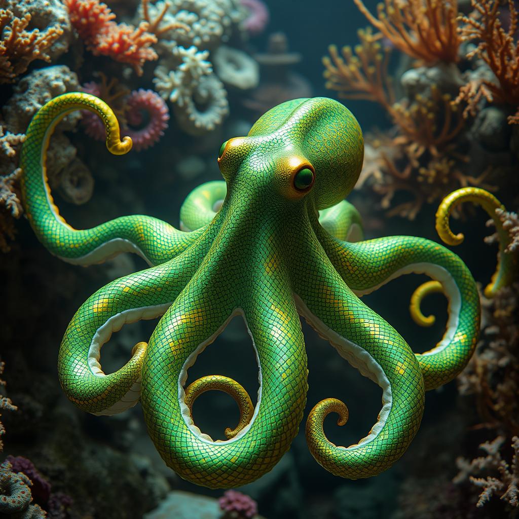 An imaginative creature that is an octopus with the distinctive skin pattern and texture of a snake, featuring a vibrant and colorful snake skin in shades of green and gold
