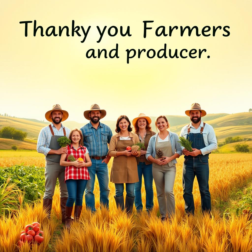A picturesque scene that conveys gratitude towards farmers and producers, featuring a diverse group of farmers standing proudly in a sunlit field, surrounded by bountiful crops and nature