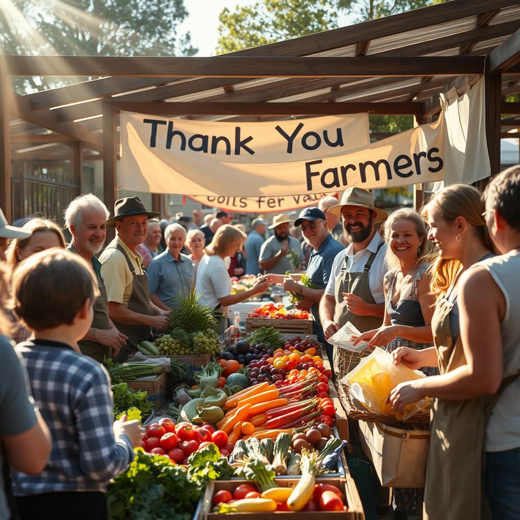 A heartfelt scene of gratitude for farmers and food producers in a vibrant outdoor market