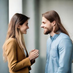 Two working colleagues, secret lovers, gazing at each other affectionately. One with deep brunette and the other with blonde, both with long hair and approximately 22 years old. They hold hands, look deeply into each other's eyes and smile.