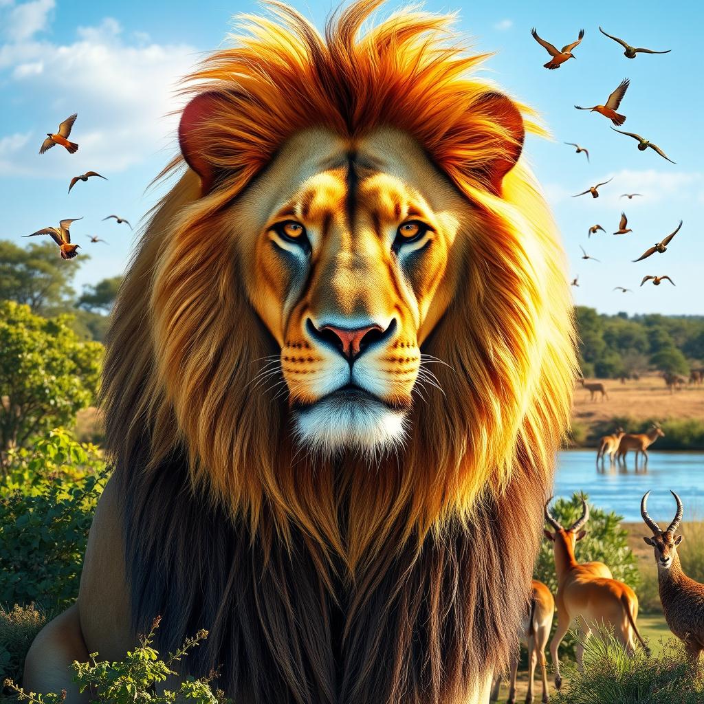 A stunning portrait of a majestic lion, with its magnificent mane shimmering under the sunlight