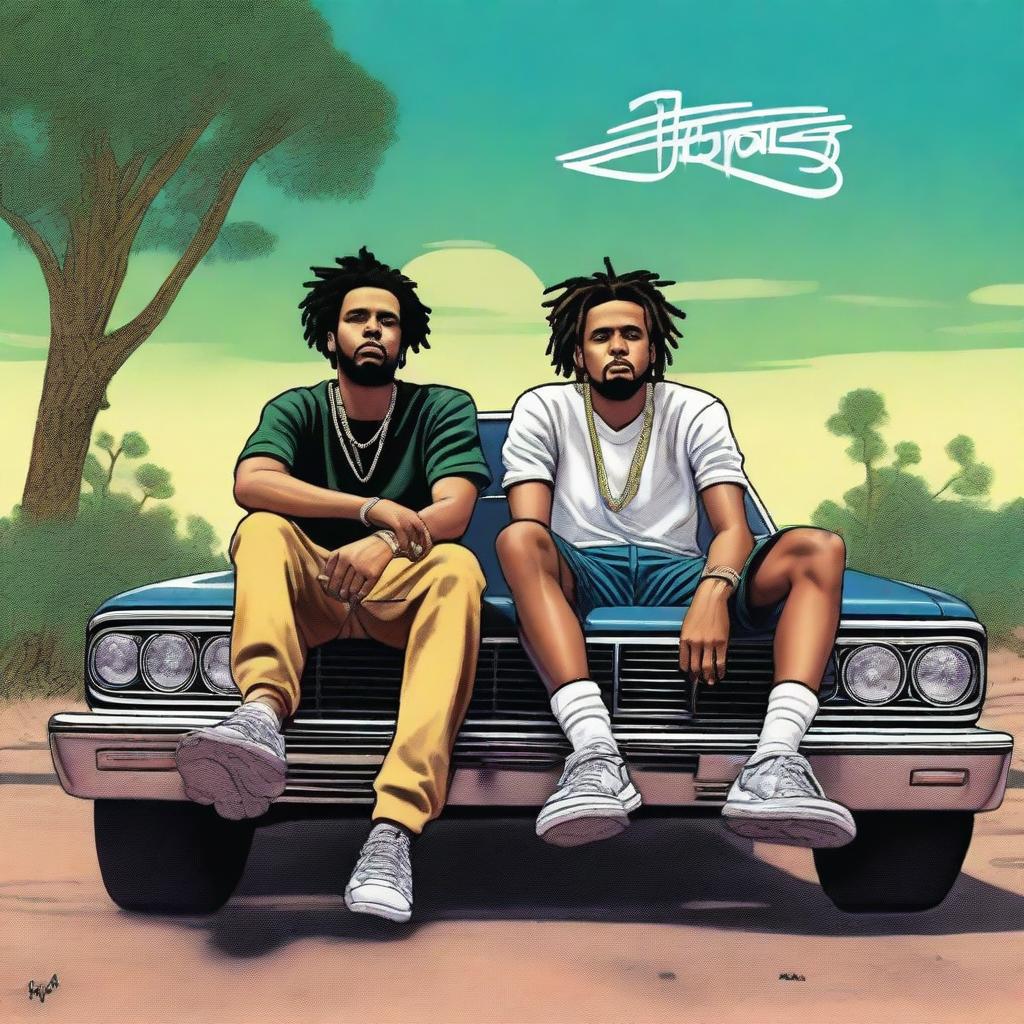 A high-quality digital art depicting rappers J Cole and Central Cee casually lounging on top of an SUV, exuding a vibe reminiscent of the vintage 90s era