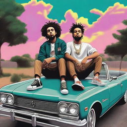 A high-quality digital art depicting rappers J Cole and Central Cee casually lounging on top of an SUV, exuding a vibe reminiscent of the vintage 90s era