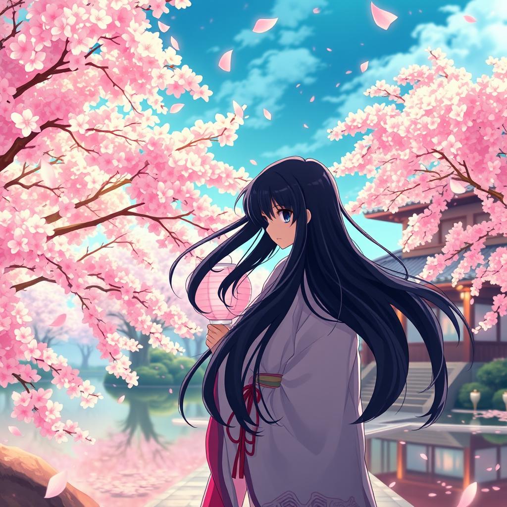 A captivating anime scene featuring a serene landscape with vibrant cherry blossom trees in full bloom, petals gently falling in the breeze