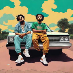 A high-quality digital art depicting rappers J Cole and Central Cee casually lounging on top of an SUV, exuding a vibe reminiscent of the vintage 90s era