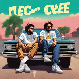 A high-quality digital art depicting rappers J Cole and Central Cee casually lounging on top of an SUV, exuding a vibe reminiscent of the vintage 90s era