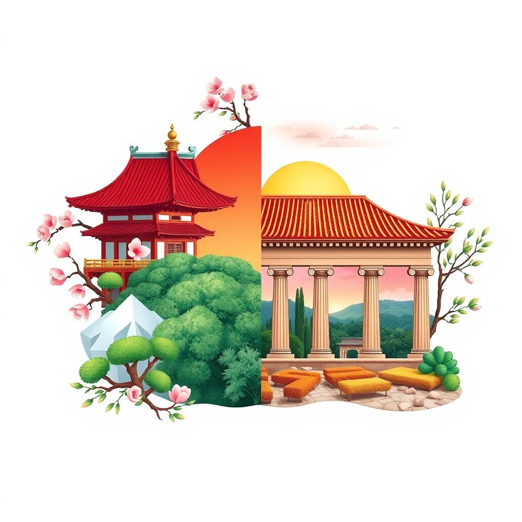 An artistic representation of two great cultures, visually symbolizing their differences yet equal strength