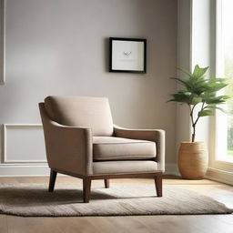 A comfortable arm chair settled perfectly in the middle of a well-lit, stylish room.