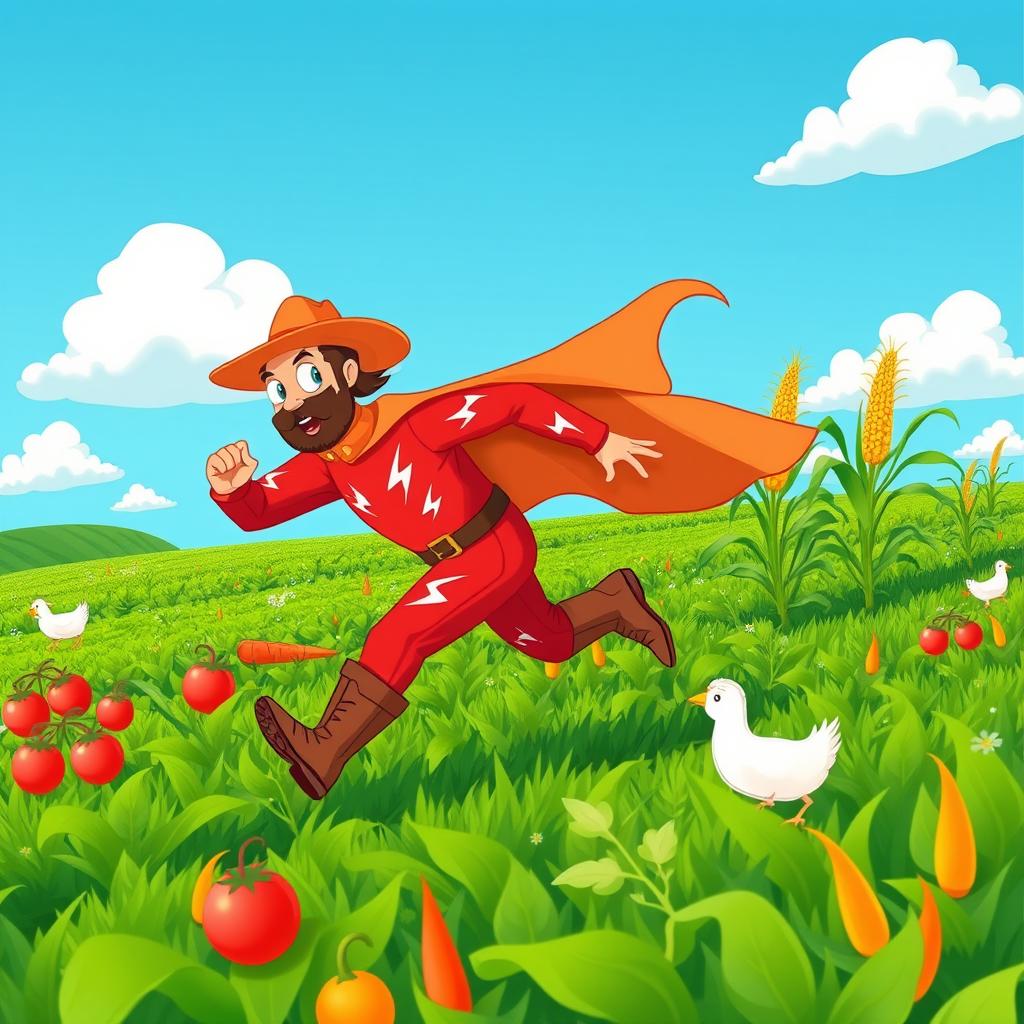 A whimsical scene depicting a farmer with super-speed powers, dashing through a vibrant green field filled with crops