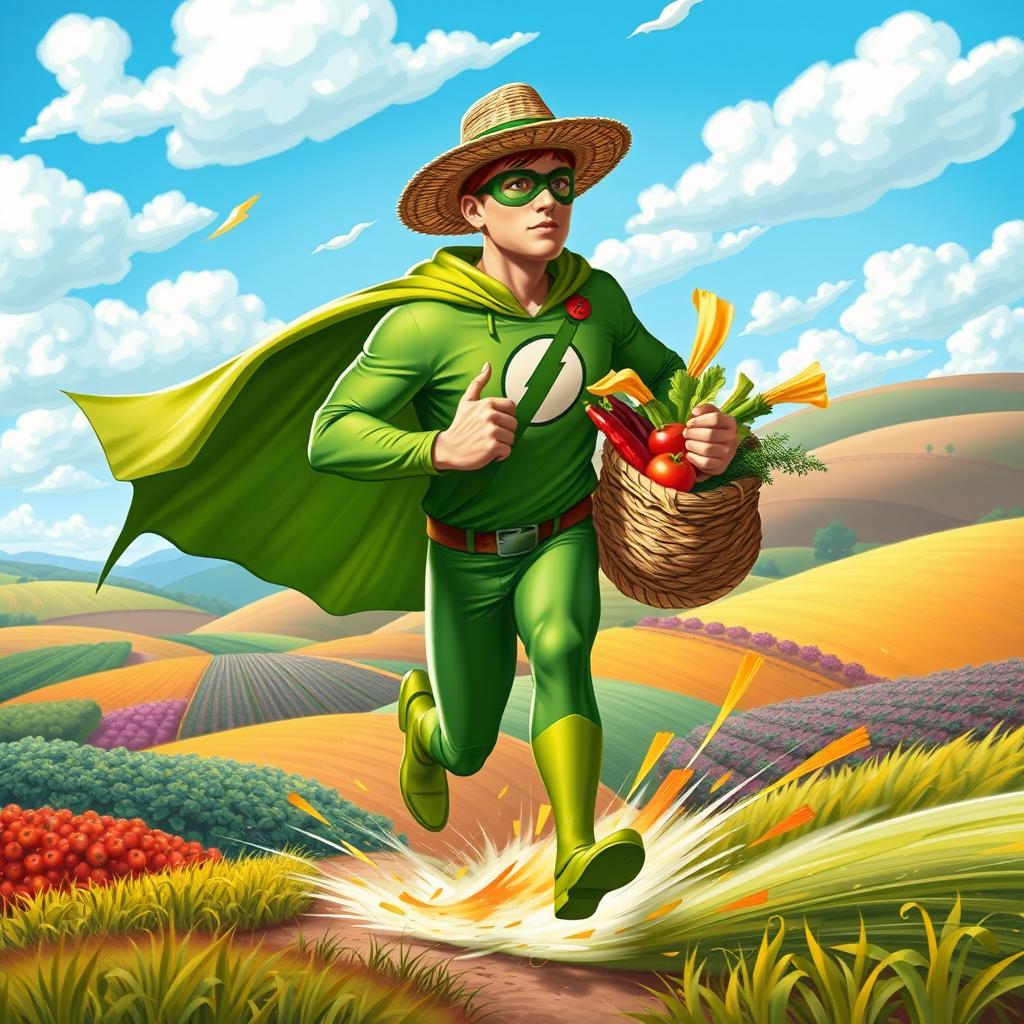 A dynamic and imaginative depiction of a superhero farmer, known as 'The Flash Farmer'