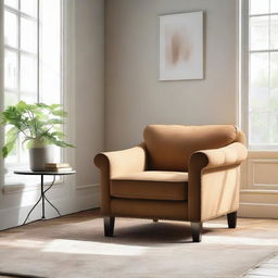 A comfortable arm chair settled perfectly in the middle of a well-lit, stylish room.