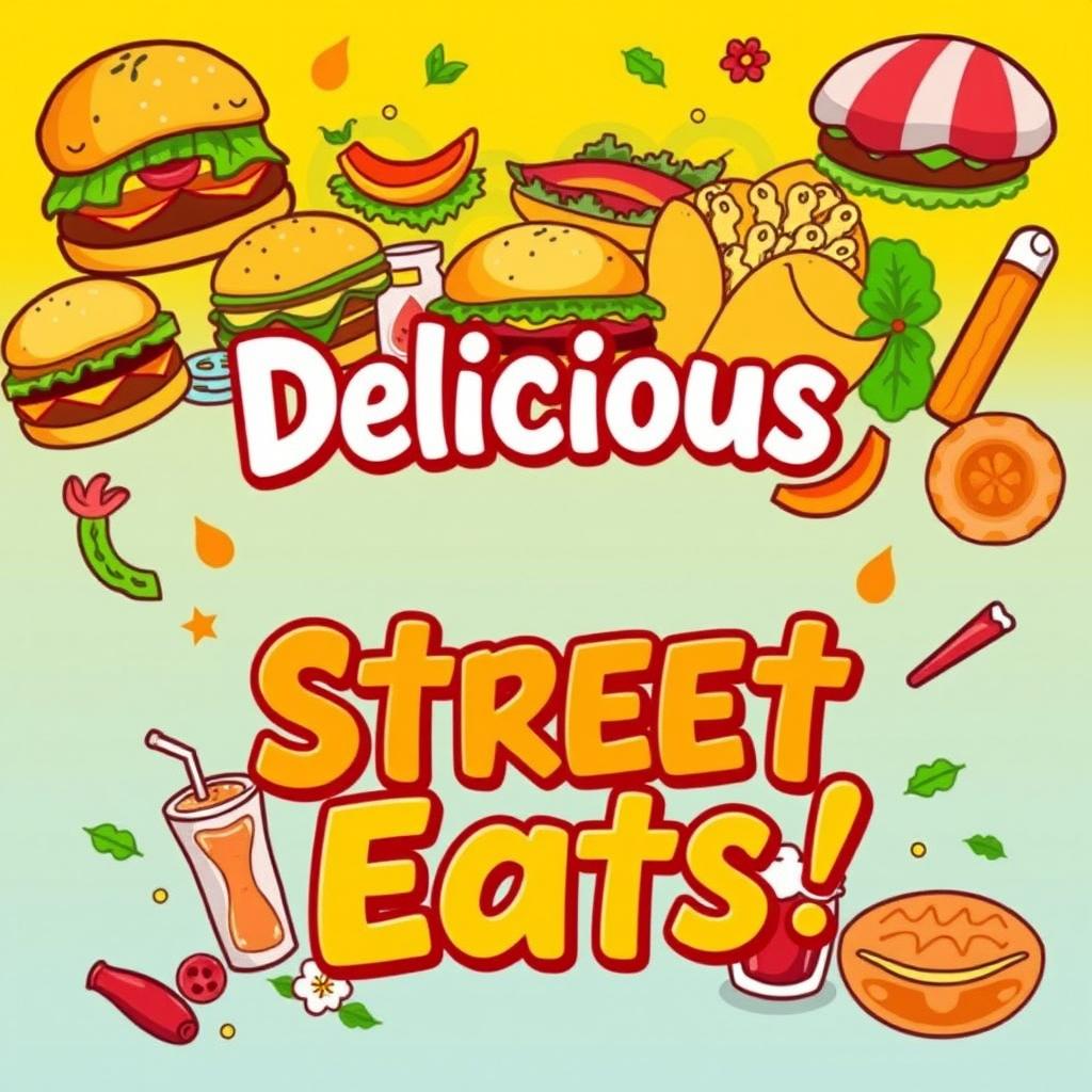A vibrant and eye-catching food stall banner design featuring a variety of colorful food items including burgers, tacos, and desserts