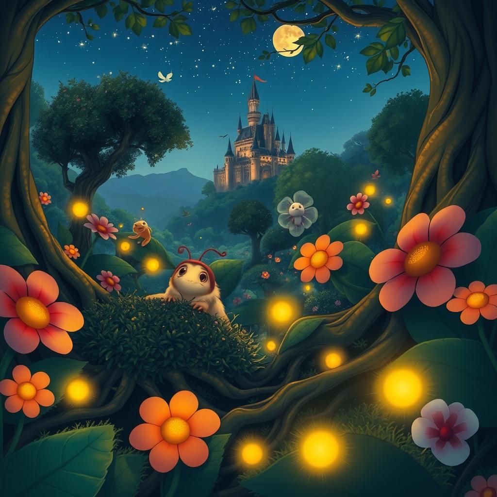A whimsical and enchanting scene inspired by Studio Ghibli's magical aesthetic, showcasing a lush, vibrant forest with oversized, colorful flowers and intricate tree roots