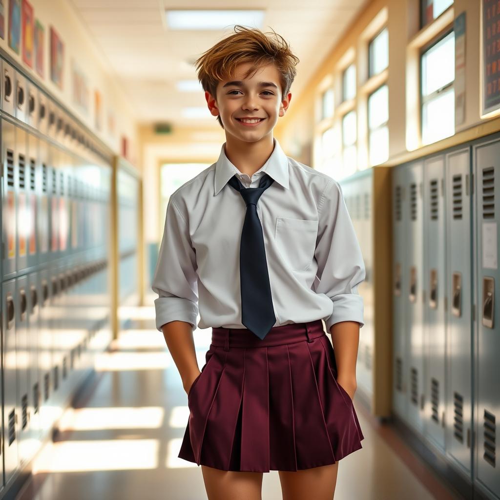 A teenage boy wearing a school girl uniform, featuring a pleated skirt, white blouse with a collar, and a necktie