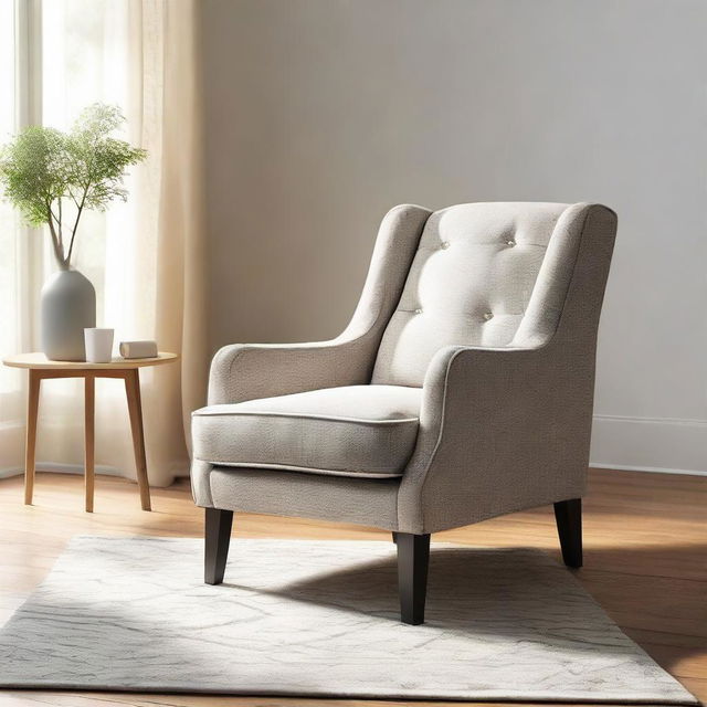 A comfortable arm chair settled perfectly in the middle of a well-lit, stylish room.